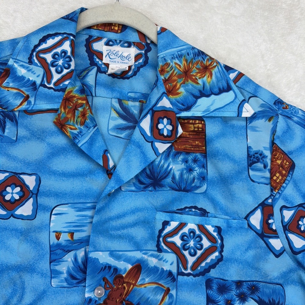 Kolekole Hawaiian Camp Shirt Made in Hawaii Blue Tiki Surfboard Men's Medium